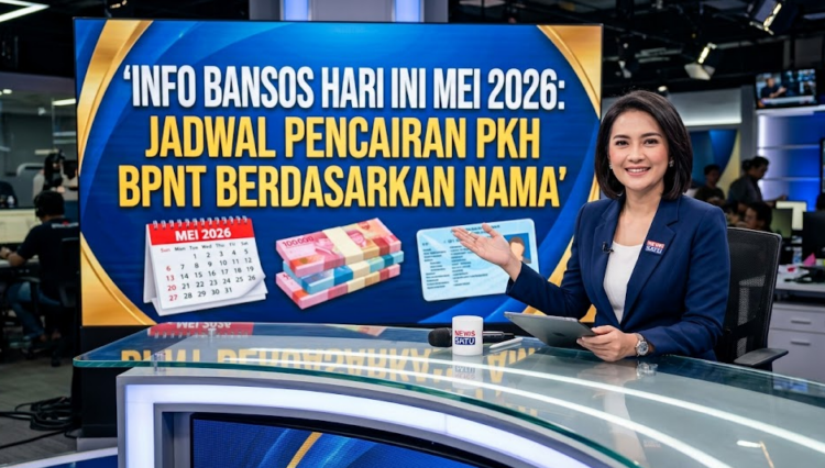 A highly realistic, photorealistic 16:9 news broadcast thumbnail. A professional Indonesian news anchor is sitting at a modern, sleek news desk. In the background, there is a large, glowing digital screen clearly displaying the bold text 'INFO BANSOS HARI INI MEI 2026: JADWAL PENCAIRAN PKH BPNT BERDASARKAN NAMA'. The screen also features subtle background graphics of Indonesian Rupiah money, an Indonesian ID card (KTP), and a calendar. Bright, cinematic studio lighting, 8k resolution, highly detailed, broadcast quality.