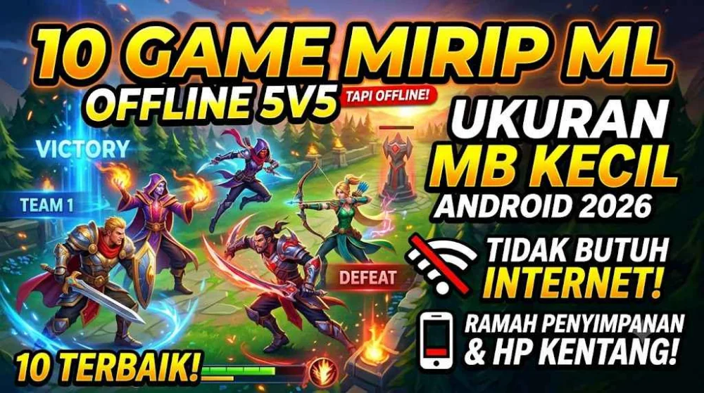 buatkan thumbnail 1200 x 675 pixel judul : 10 Game Mirip ML (Mobile Legends) Offline 5v5 Ukuran MB Kecil Android 2026